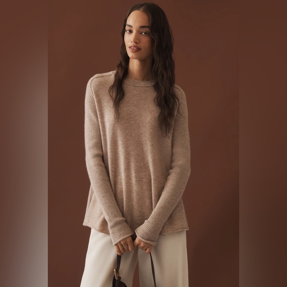 NWT new small Anthropologie Maeve crewneck cashmere swing sweater long Beige
